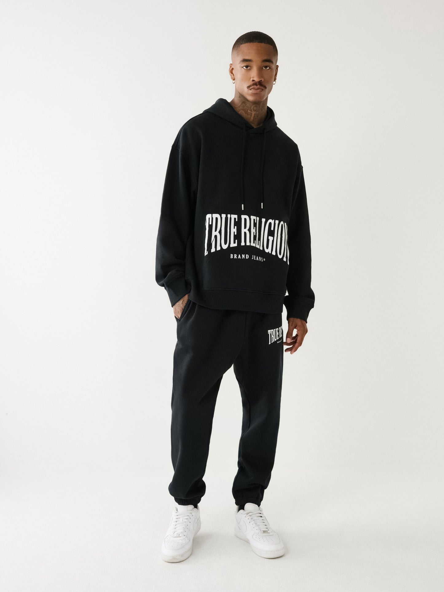 True Religion Relaxed Hoodie Stretch Arch Jet Black
