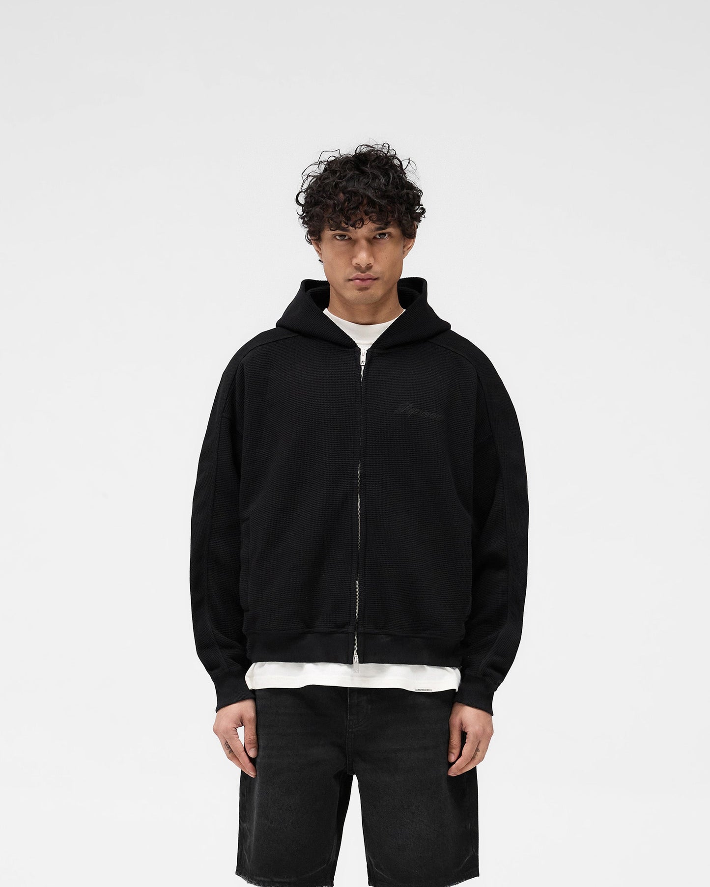 Waffle Zip Through Hoodie - Jet Black