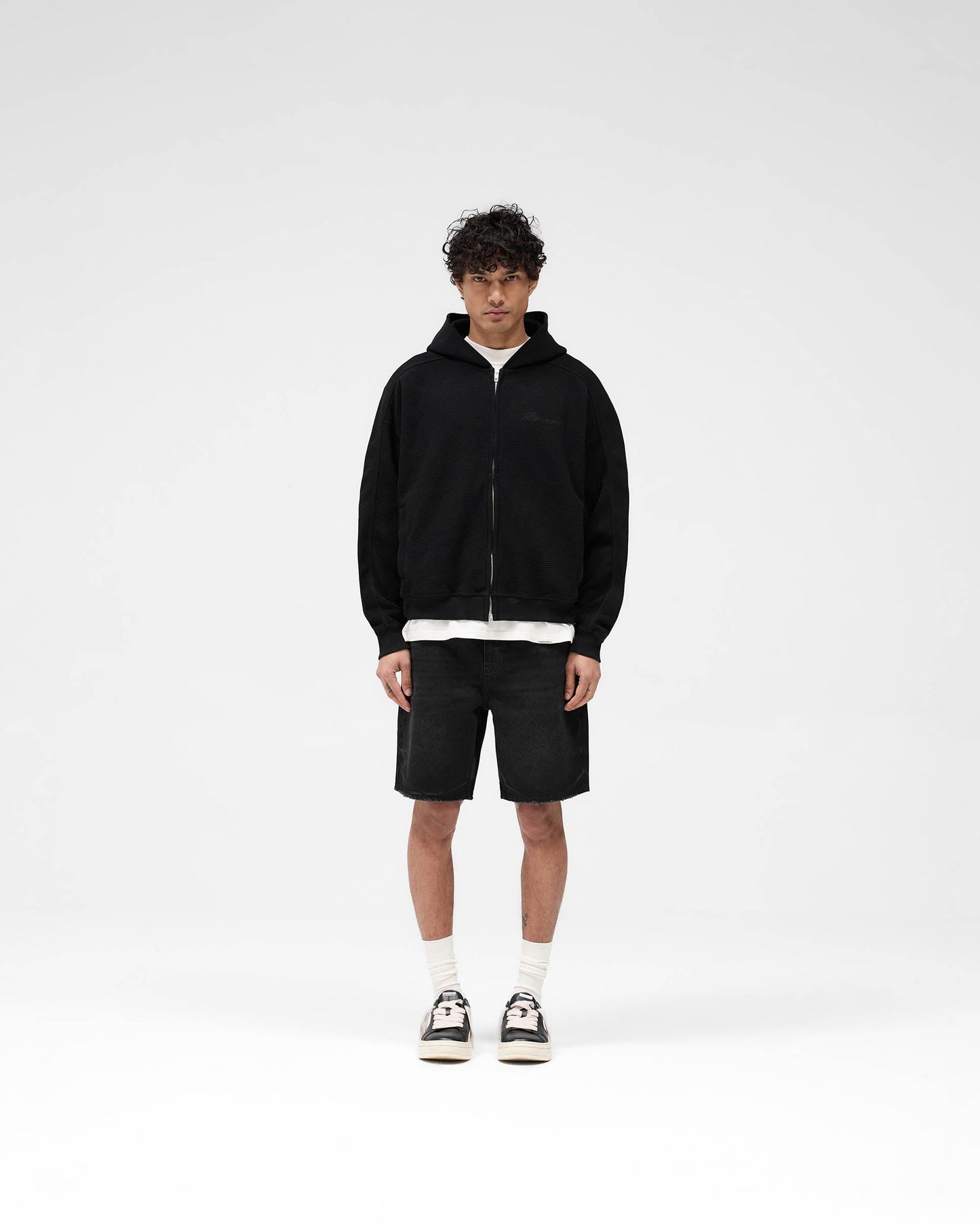 Waffle Zip Through Hoodie - Jet Black
