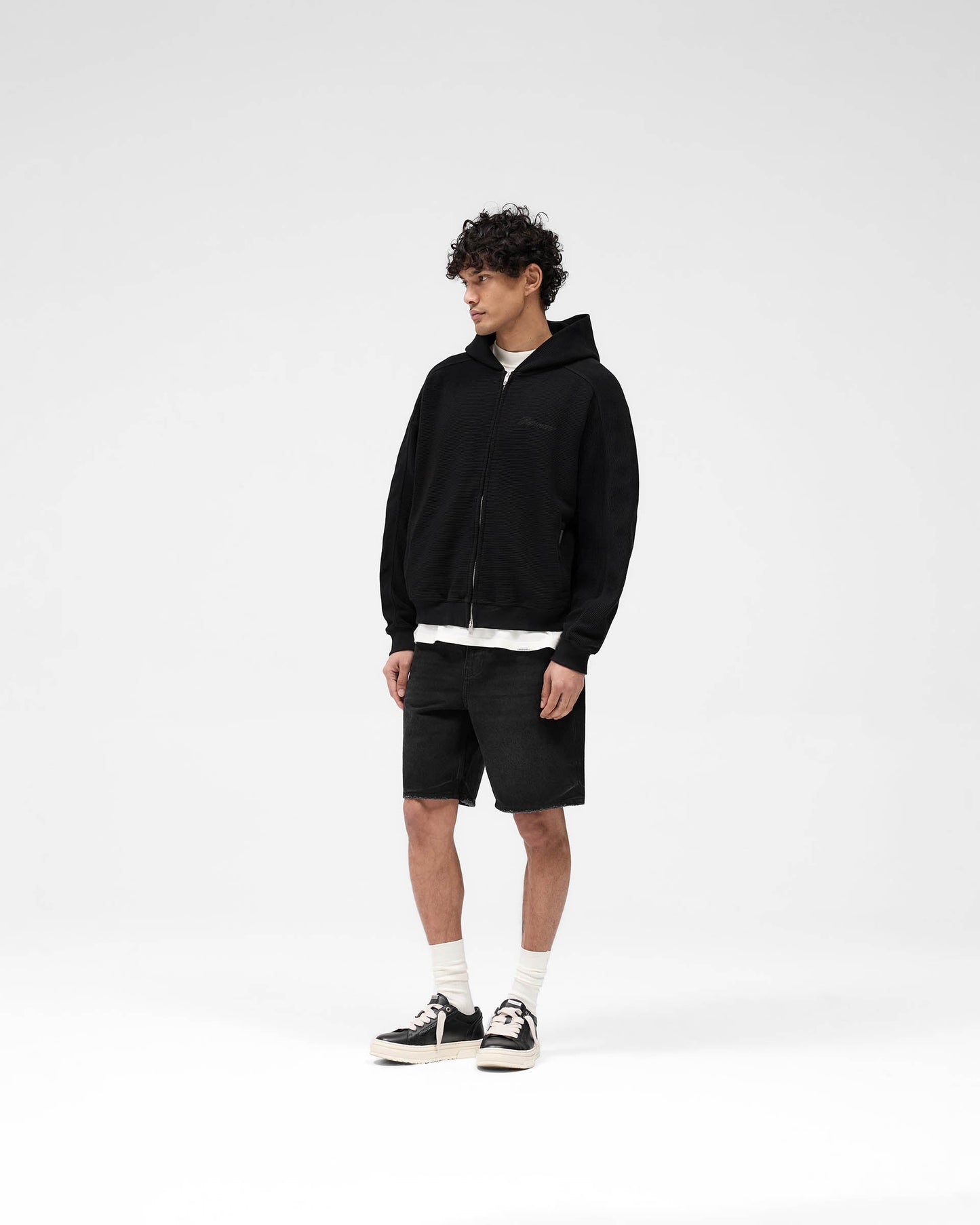 Waffle Zip Through Hoodie - Jet Black