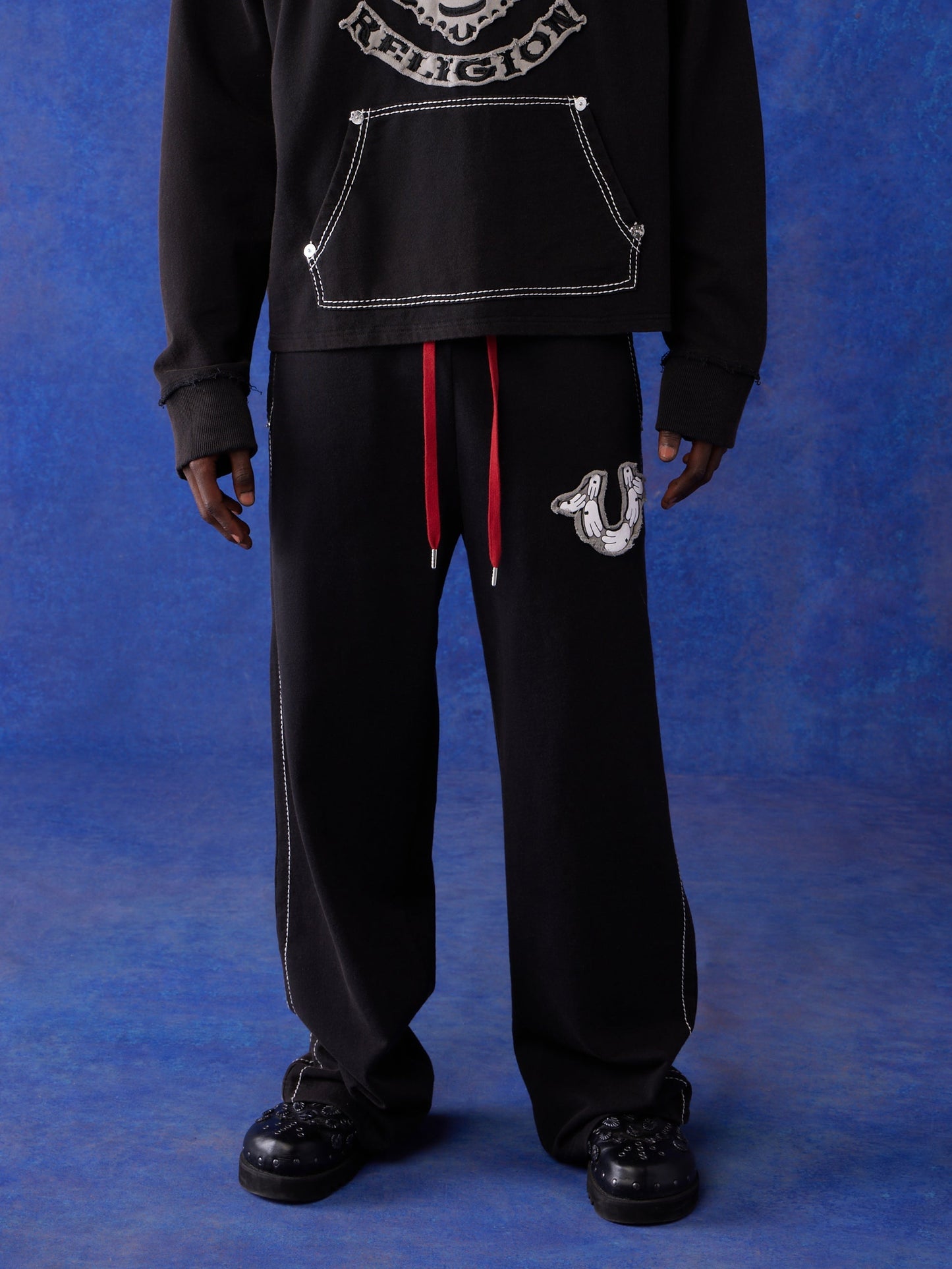 True Religion Blu X Track Pants Wide Leg Faint Black