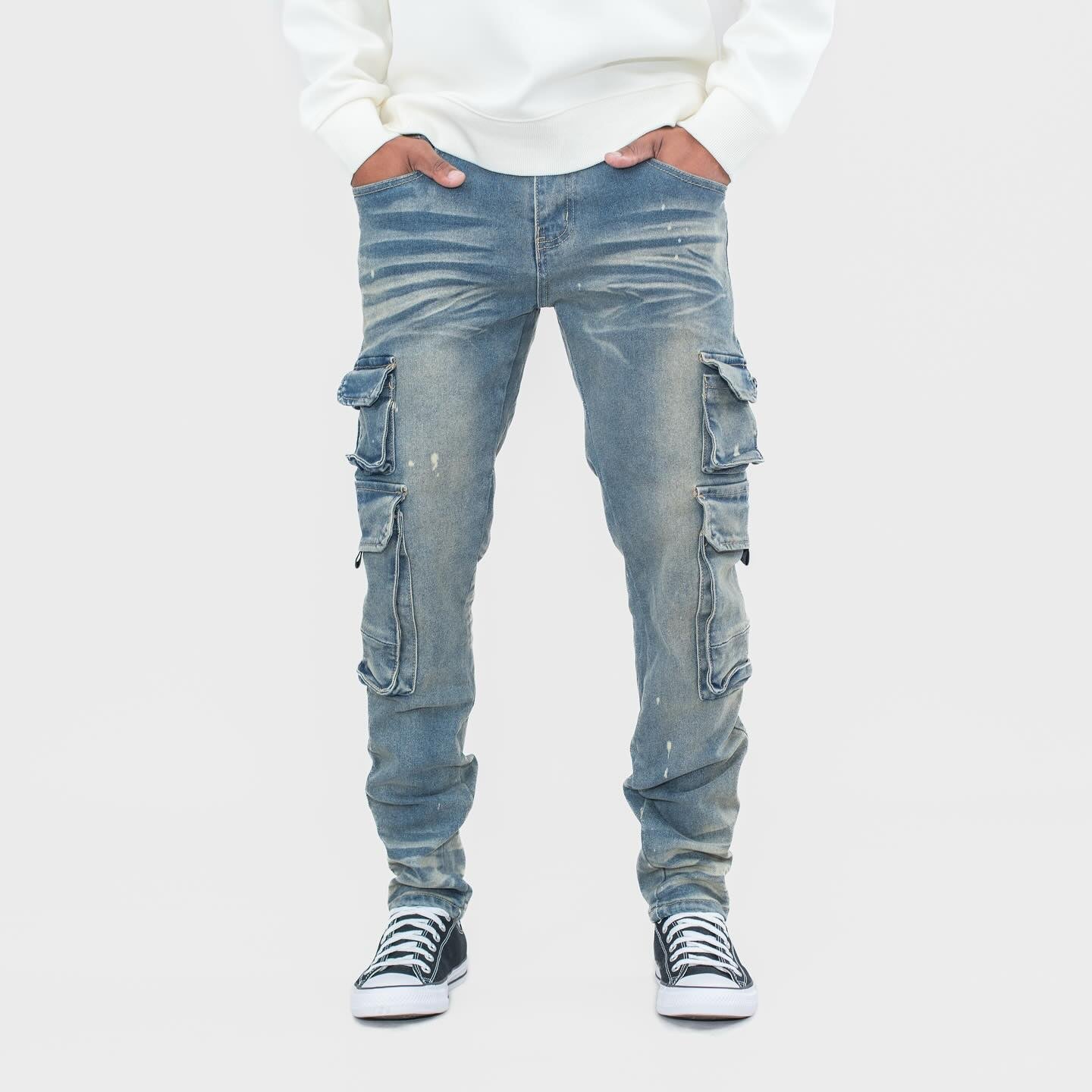 Men's Washed Multi Pocket Denim Cargo Jeans