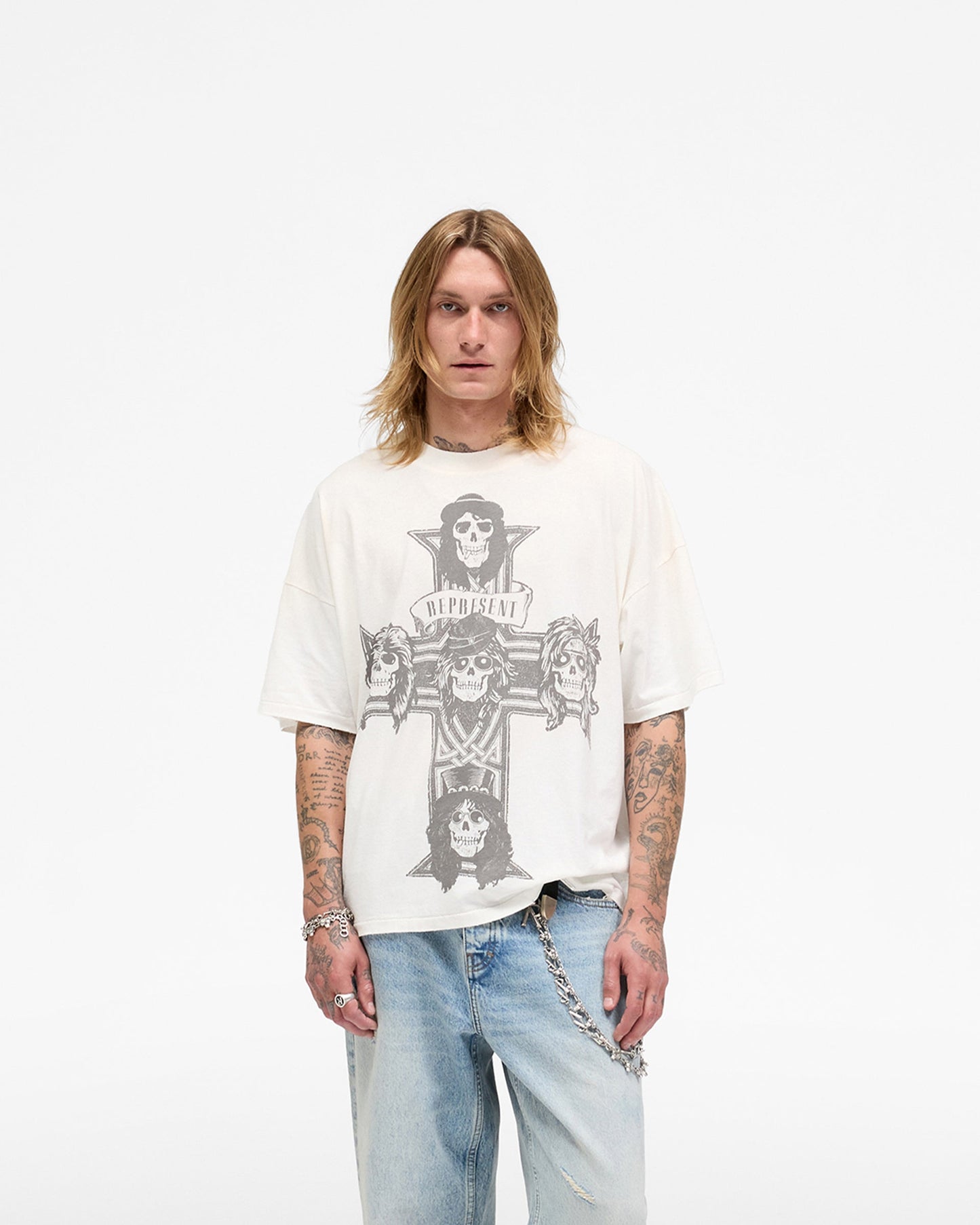 Represent X Guns N' Roses Cross T-Shirt - Washed Ecru