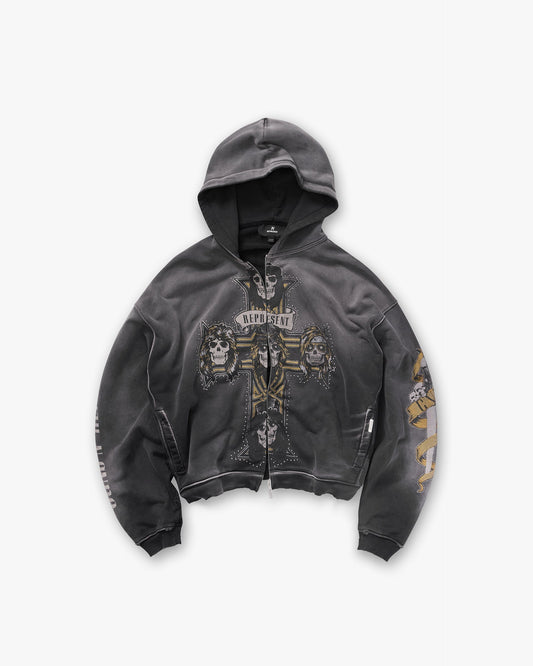 Represent X Guns N' Roses Cross Zip Through Hoodie - Stained Black