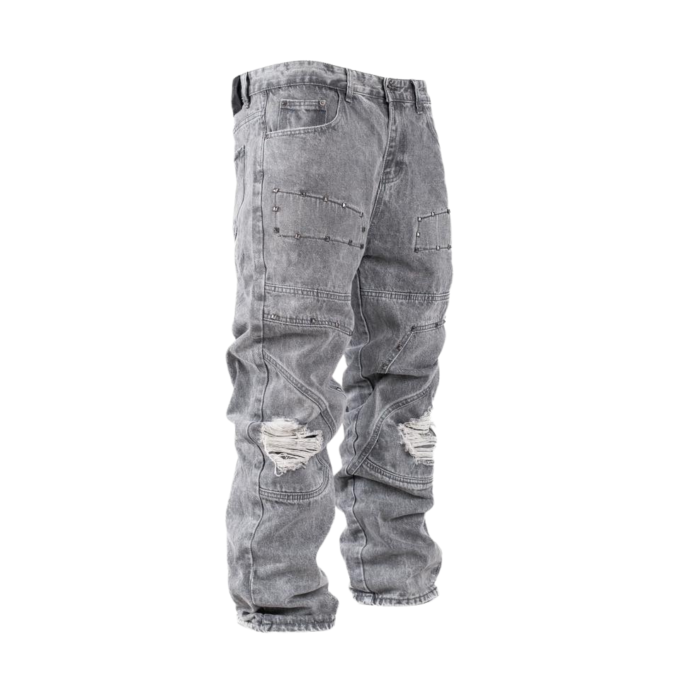 Men’s Grey Utility Distressed Baggy Jeans