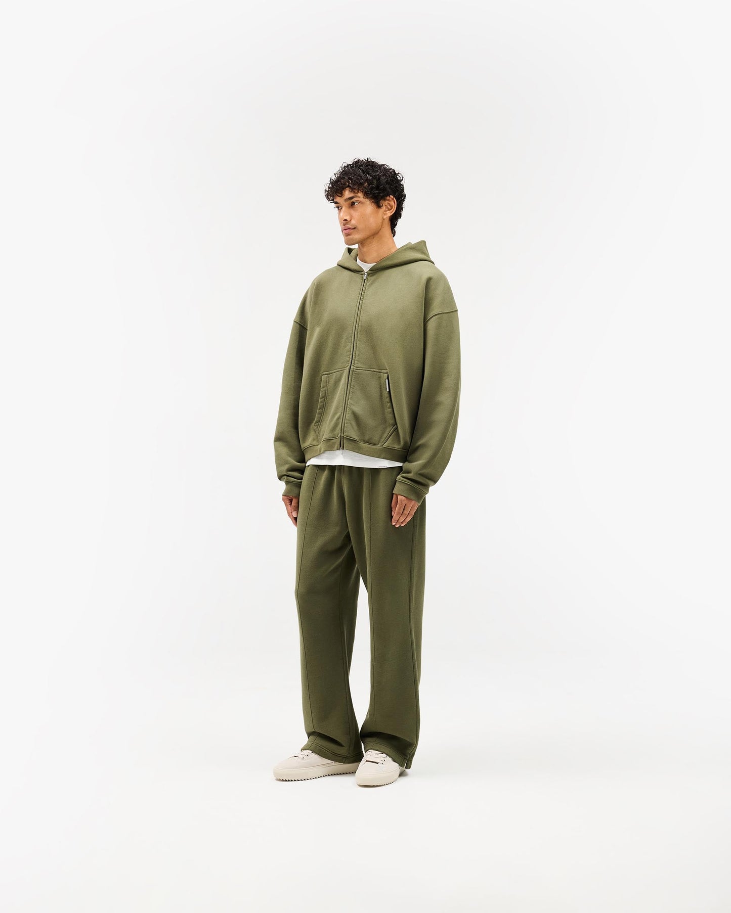 Initial Boxy Zip Through Hoodie - Army Green