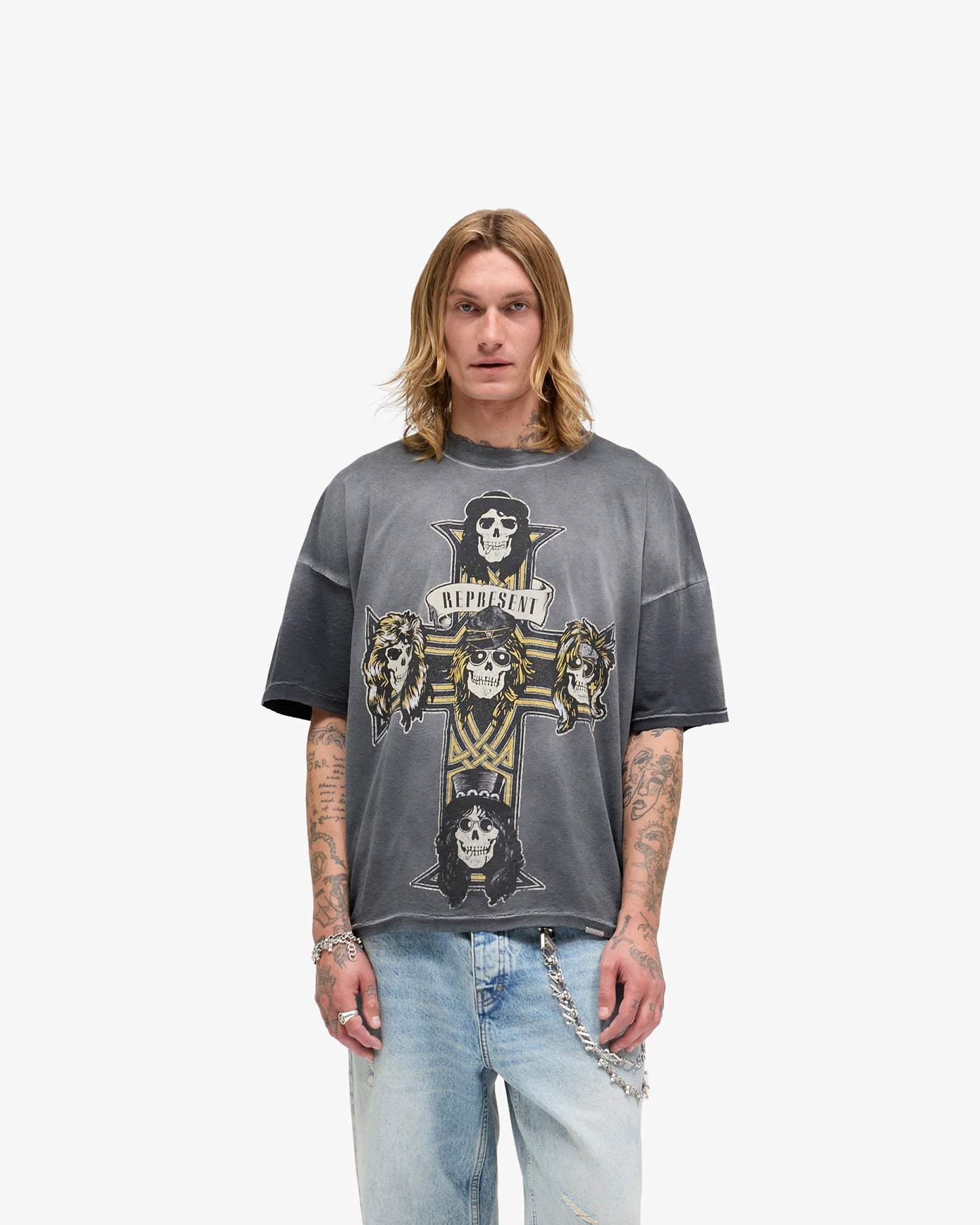 Represent X Guns N' Roses Cross T-Shirt - Stained Black