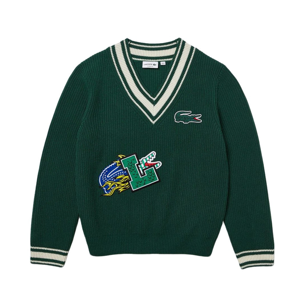 Lacoste Men's Comic Badge Striped V-Neck Sweater