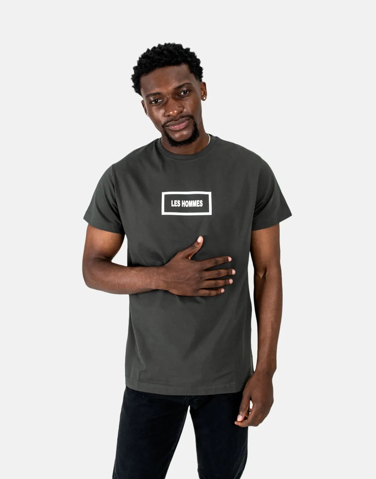 Les Hommes Box Print Mil Green T-Shirt