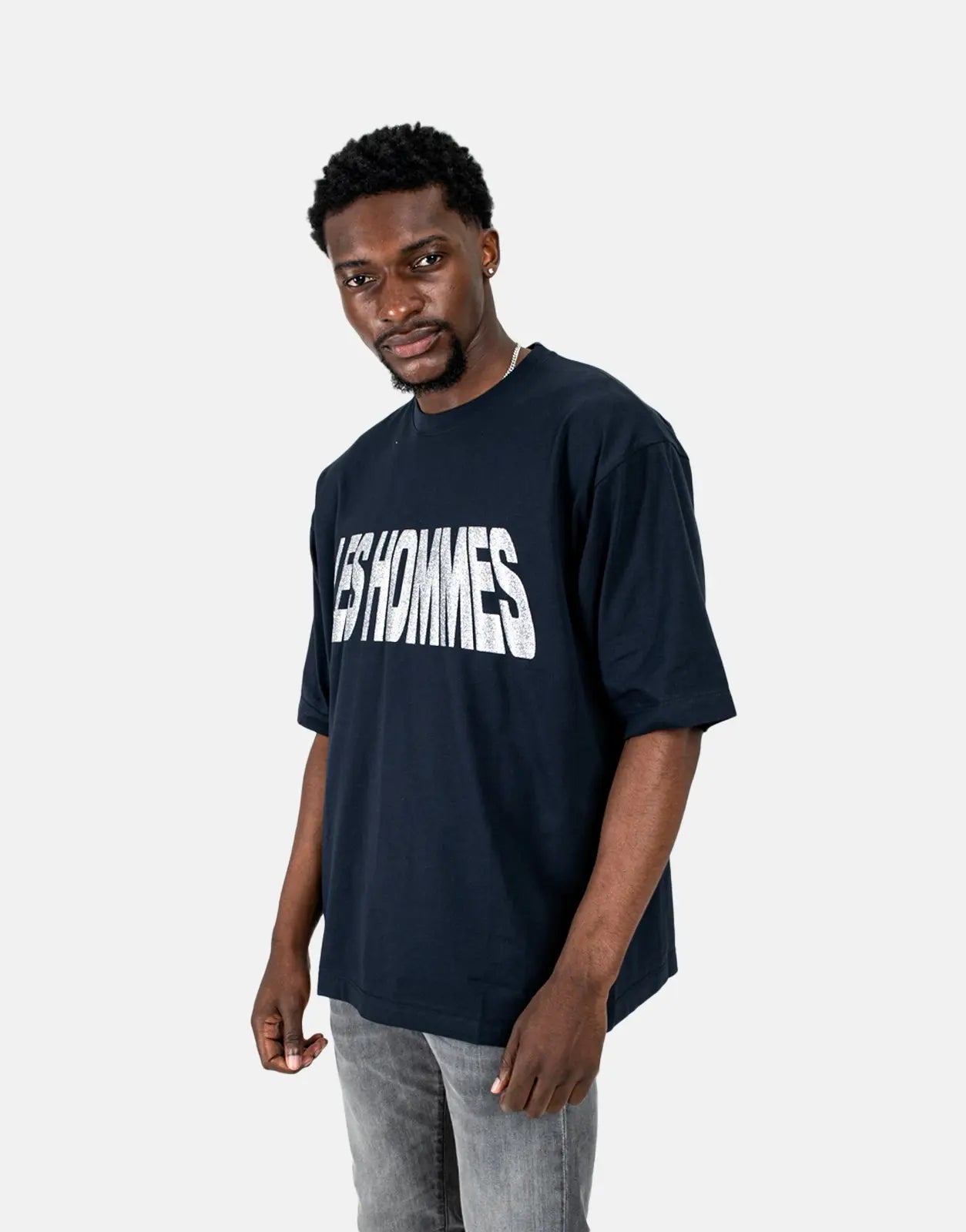 Les Hommes Glitter Print Navy T-Shirt