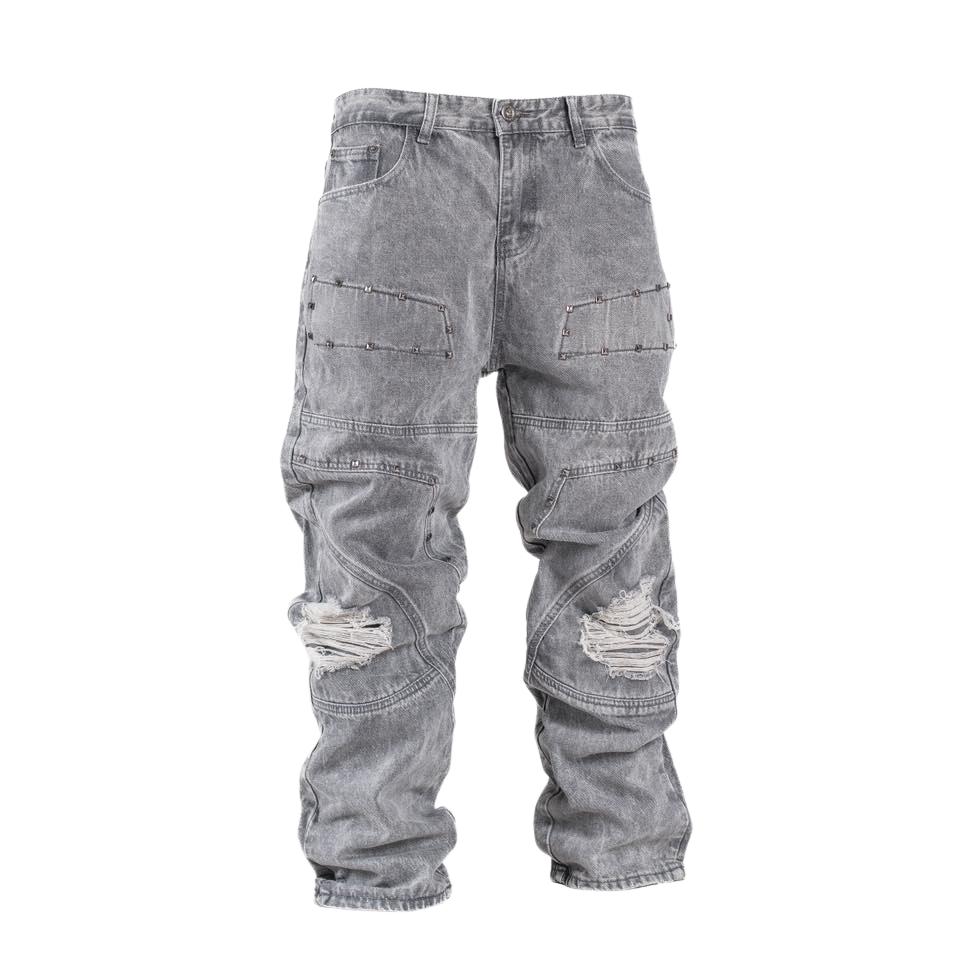Men’s Grey Utility Distressed Baggy Jeans