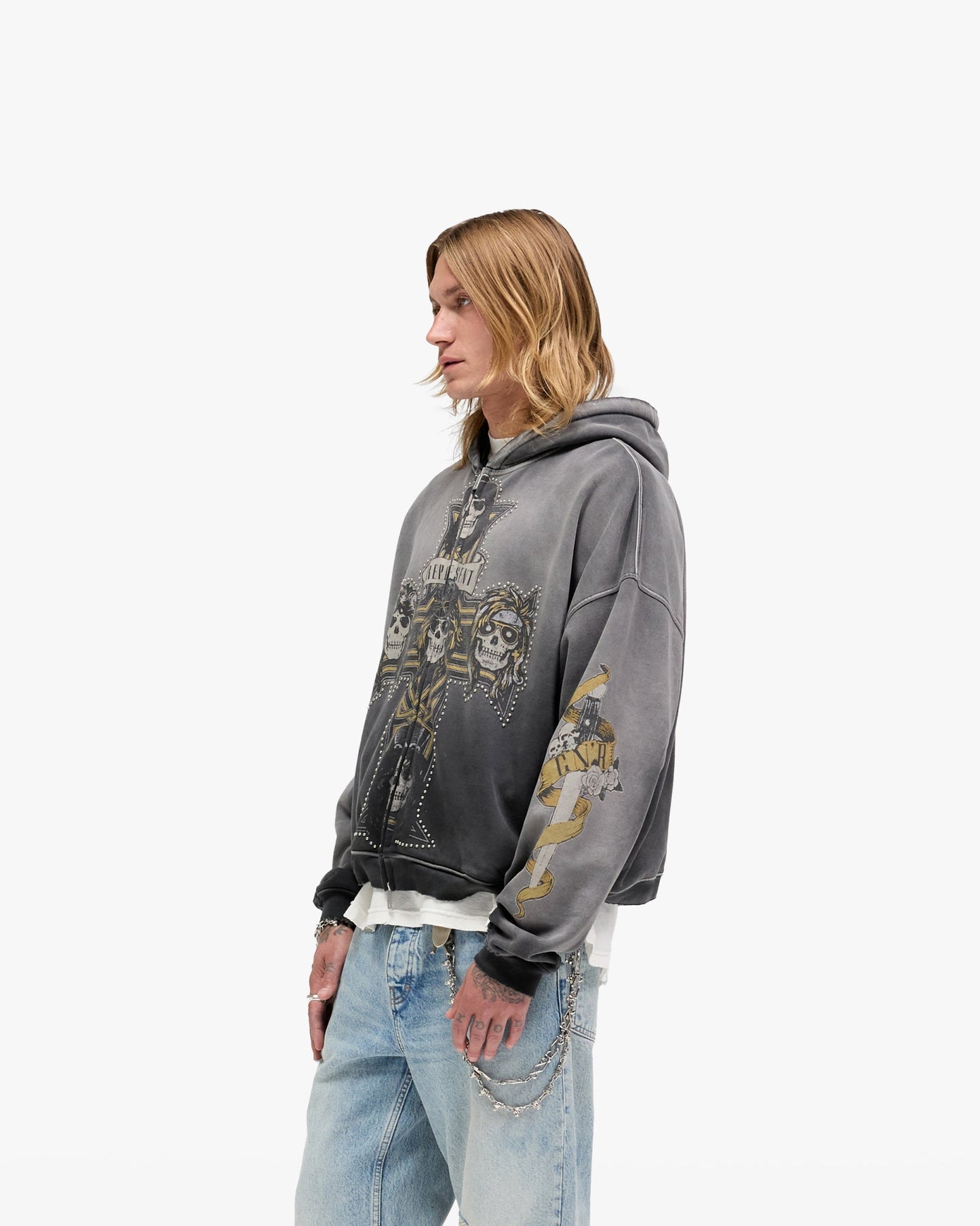 Represent X Guns N' Roses Cross Zip Through Hoodie - Stained Black