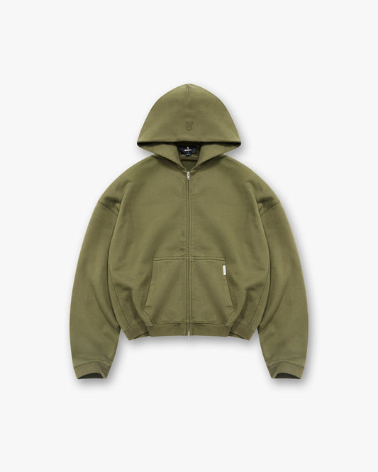 Initial Boxy Zip Through Hoodie - Army Green