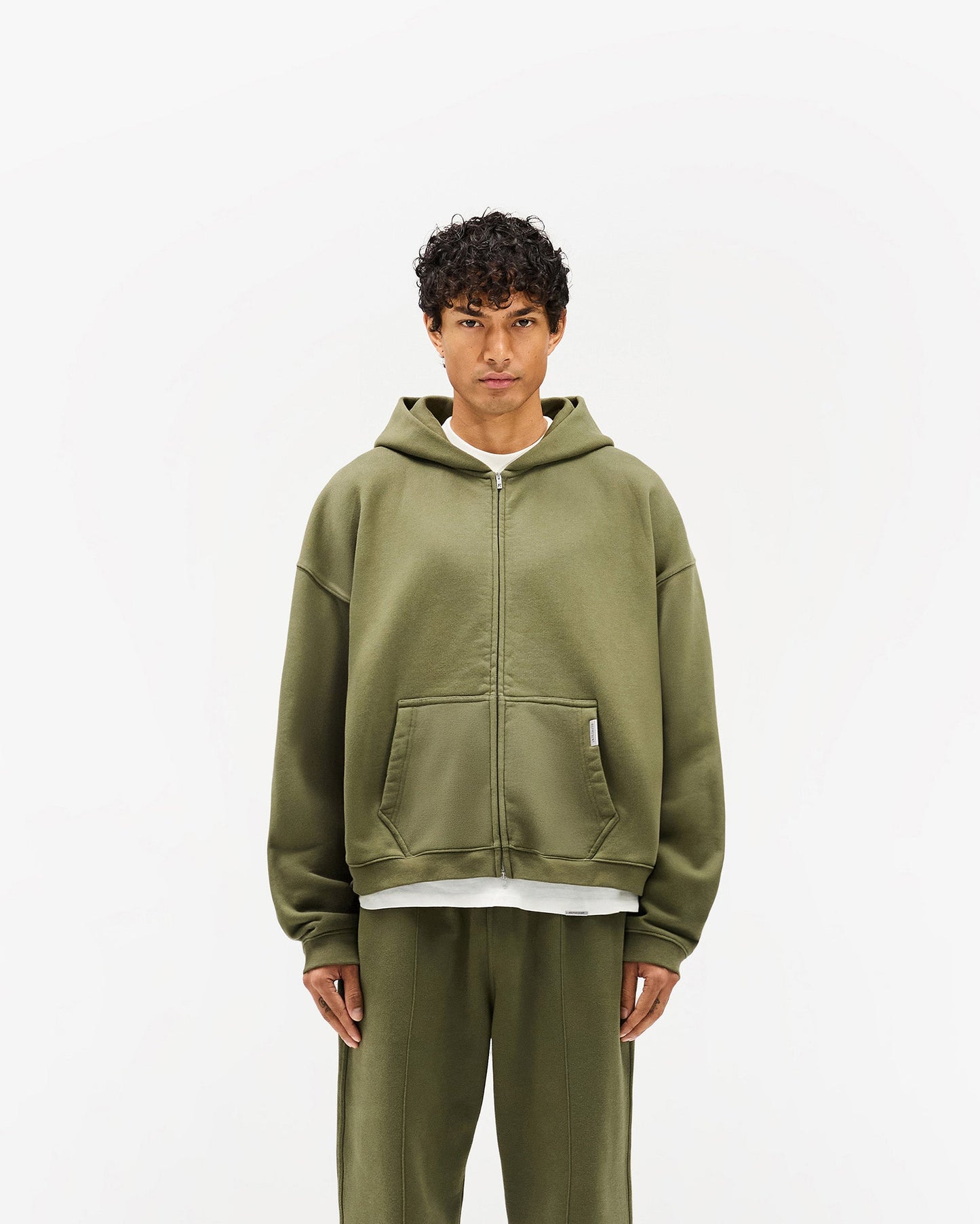 Initial Boxy Zip Through Hoodie - Army Green