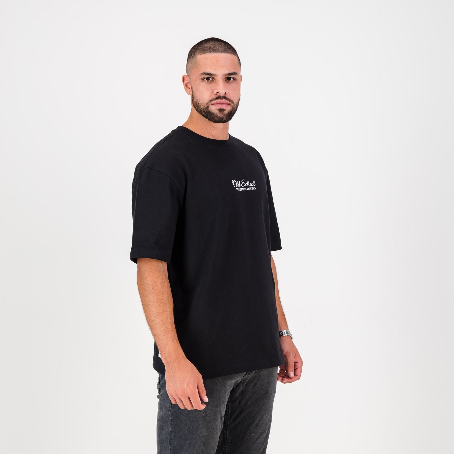 Old School Script Boxy Crew Tee-Black