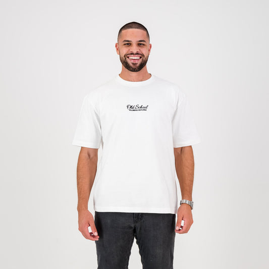 Old School Script Boxy Crew Tee-White