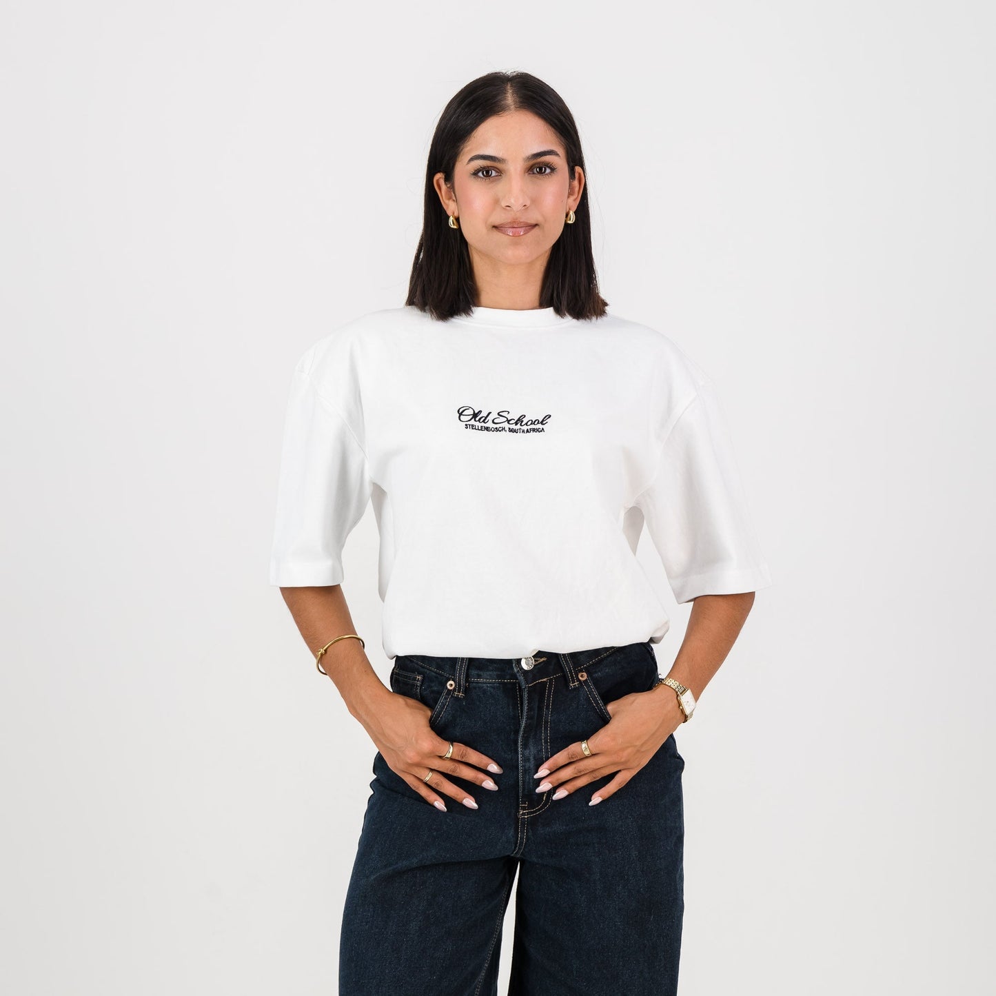 Old School Script Boxy Crew Tee-White